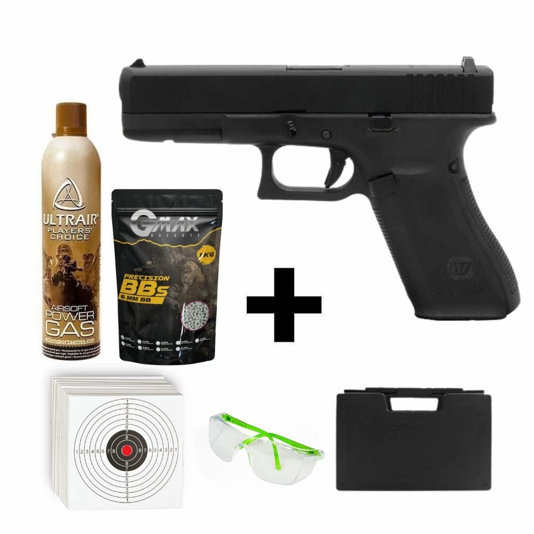 We Glock G17 Gen5 Red Dot Ayaklı Siyah + Green Gas + 0.20gr BB + Taşıma Çantası + Atış Gözlüğü