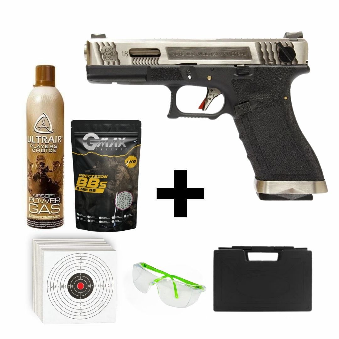 WE Glock G18 FullAuto + Green Gas + 0.20gr BB + Taşıma Çantası + Atış Gözlüğü