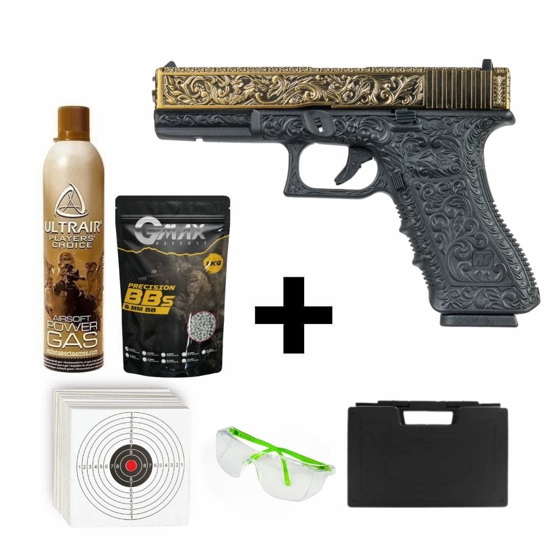We Glock 17 Gravürlü + Green Gas + 1Kg BB + Taşıma Çantası + Atış Gözlüğü