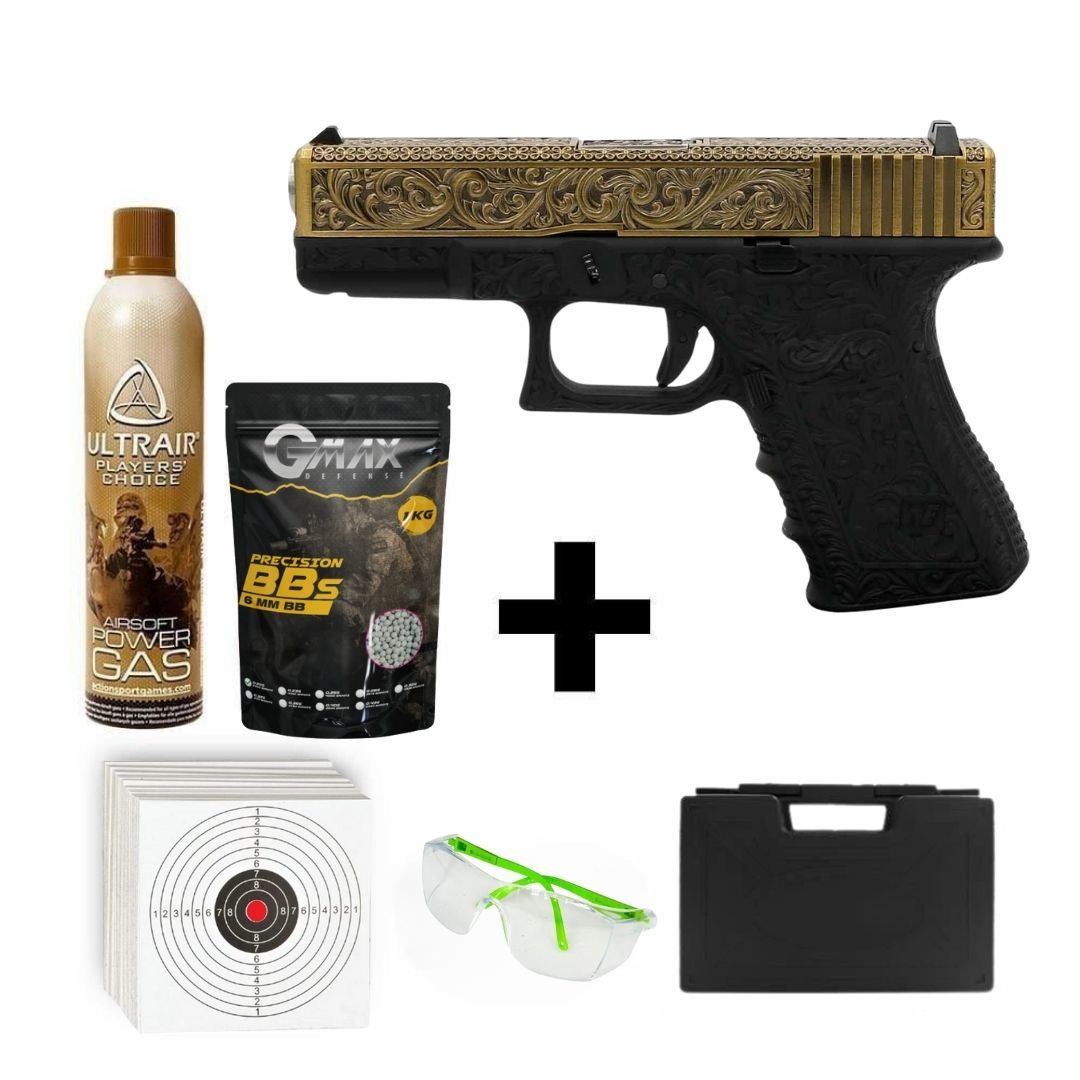 We Glock 19 Gravürlü + Green Gas + 0.20gr BB + Taşıma Çantası + Atış Gözlüğü