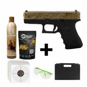 We Glock 19 Gravürlü + Green Gas + 0.20gr BB + Taşıma Çantası + Atış Gözlüğü