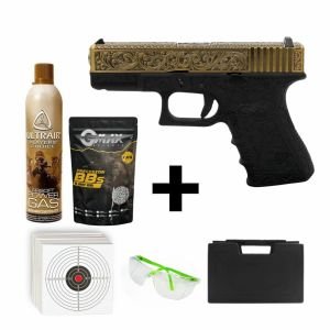 We Glock 19 Gravürlü + Green Gas + 0.20gr BB + Taşıma Çantası + Atış Gözlüğü