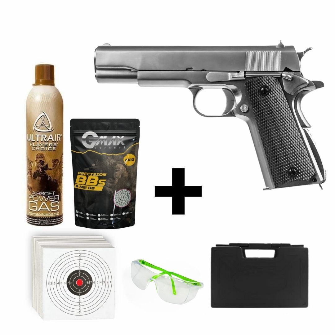We Colt 1911 Gen2 Gümüş + Green Gas + 0.20gr BB + Taşıma Çantası + Atış Gözlüğü