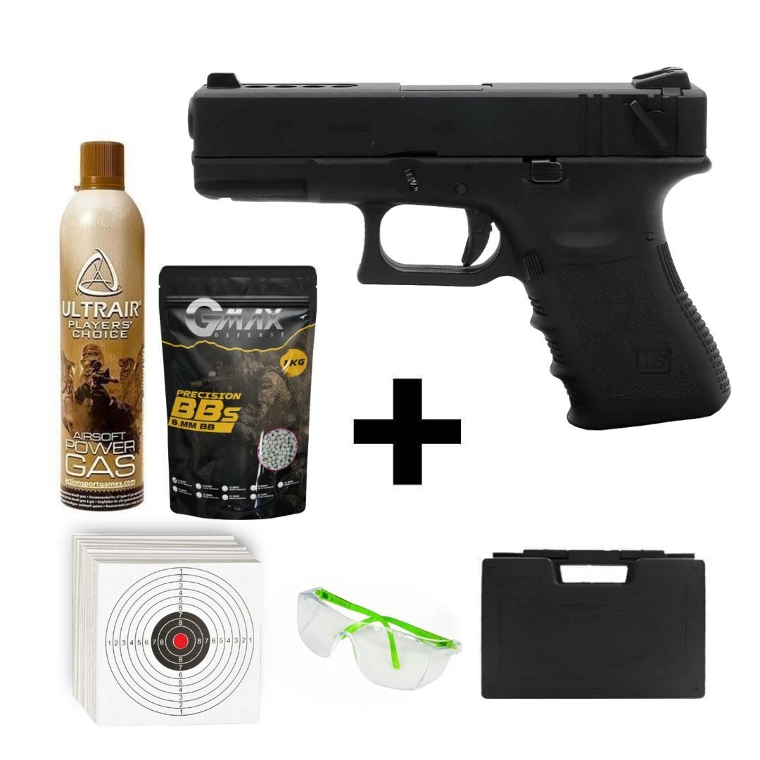 We Glock 23 Gen3 Siyah + Green Gas + 0.20gr BB + Taşıma Çantası + Atış Gözlüğü