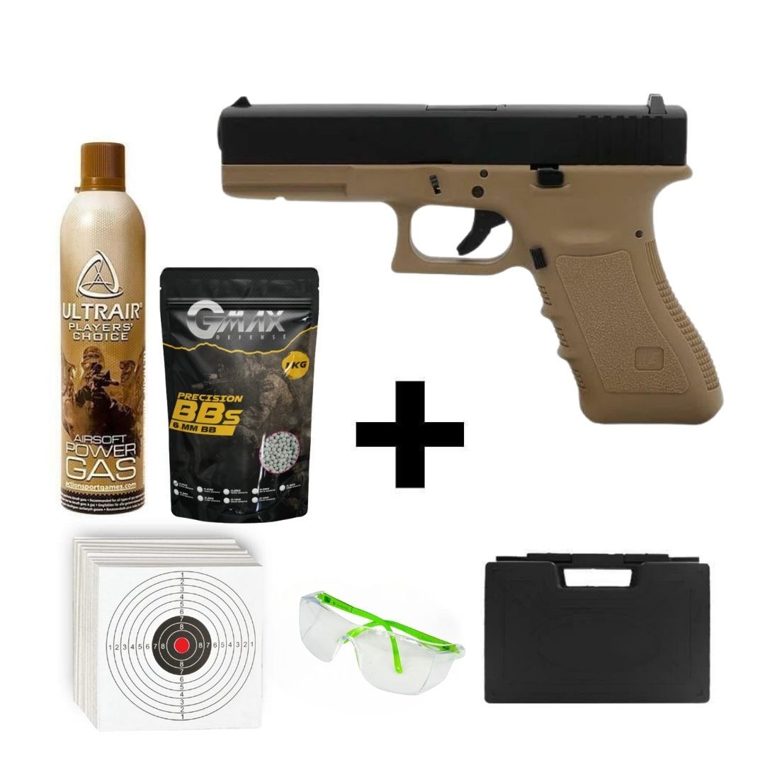 We Glock 17 Gen3 Tan + Green Gas + 0.20gr BB + Taşıma Çantası + Atış Gözlüğü