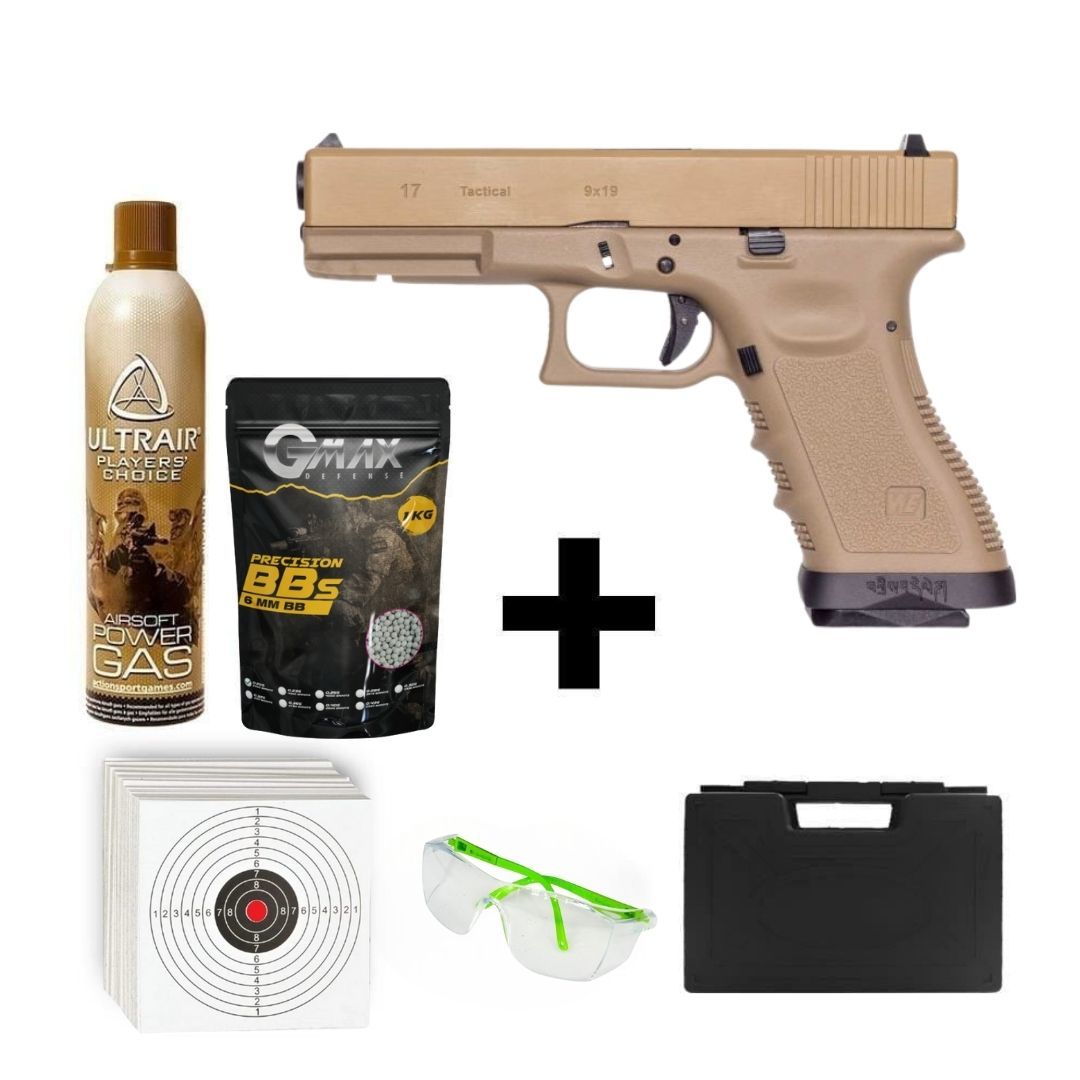 We Glock17 G17 Tan + Green Gas + 0.20gr BB + Taşıma Çantası + Atış Gözlüğü