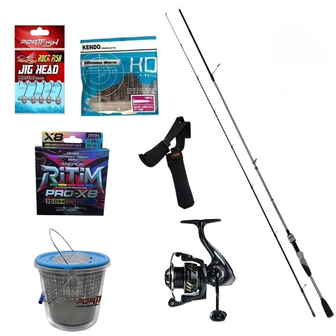 Fujin Ajime 228cm 1-11gr + Fujin Sniper 1000 + Kendo Uv Camo Silikon + Portfish Mustad İğneli Jig Head + Balıkçı Kovası + Anchor Ritim Misina Sarılı Set + Kamış Taşıma Bandı Hediyeli