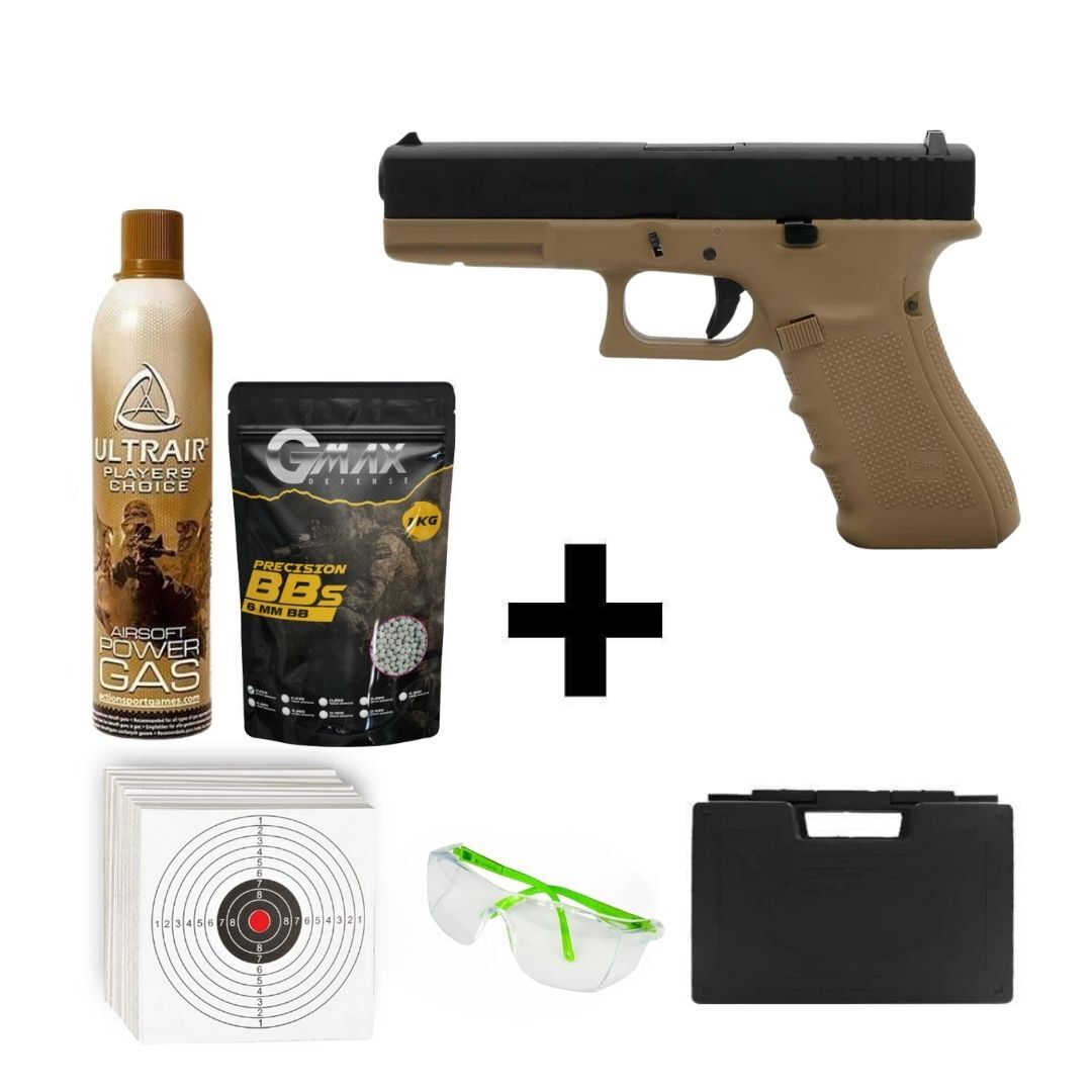 We Glock 17 Gen4 Tan + Green Gas + 0.20gr BB + Taşıma Çantası + Atış Gözlüğü