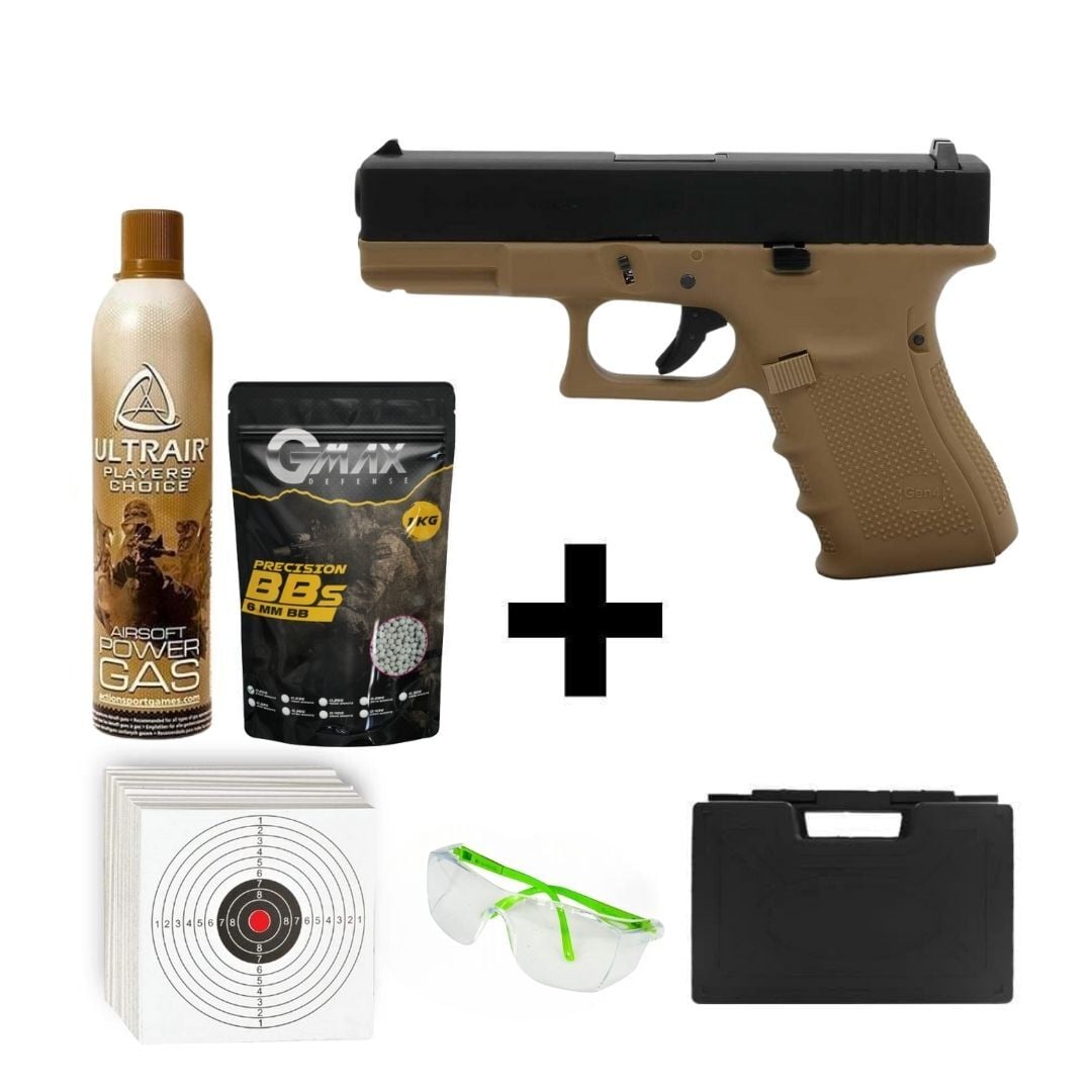 We Glock 19 Gen4 Tan + Green Gas + 0.20gr BB + Taşıma Çantası + Atış Gözlüğü