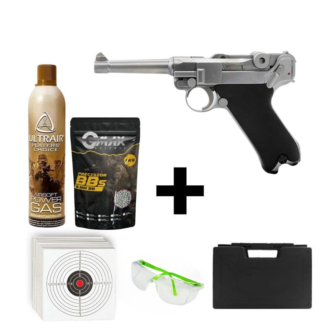 We Luger Parabellum P08 Silver + Green Gas + 0.20gr BB + Taşıma Çantası + Atış Gözlüğü