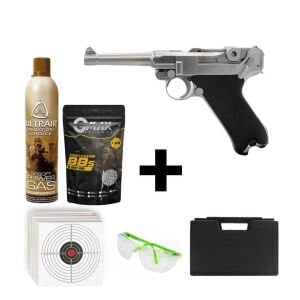 We Luger Parabellum P08 Silver + Green Gas + 0.20gr BB + Taşıma Çantası + Atış Gözlüğü