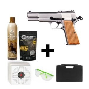 We Browning Ahşap Dipçikli Gümüş + Green Gas + 0.20gr BB + Taşıma Çantası + Atış Gözlüğü