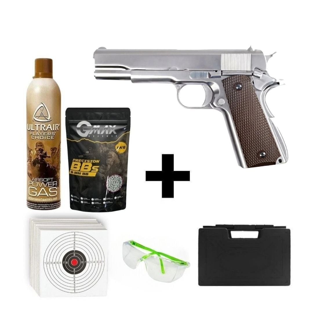 We Colt 1911 Silver + Green Gas + 1 Kg BB + Taşıma Çantası + Hedef Kağıdı + Atış Gözlüğü