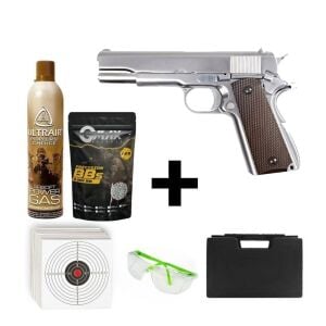 We Colt 1911 Silver + Green Gas + 1 Kg BB + Taşıma Çantası + Hedef Kağıdı + Atış Gözlüğü