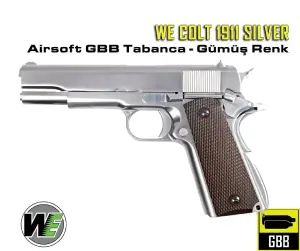 We Colt 1911 Silver + Green Gas + 1 Kg BB + Taşıma Çantası + Hedef Kağıdı + Atış Gözlüğü