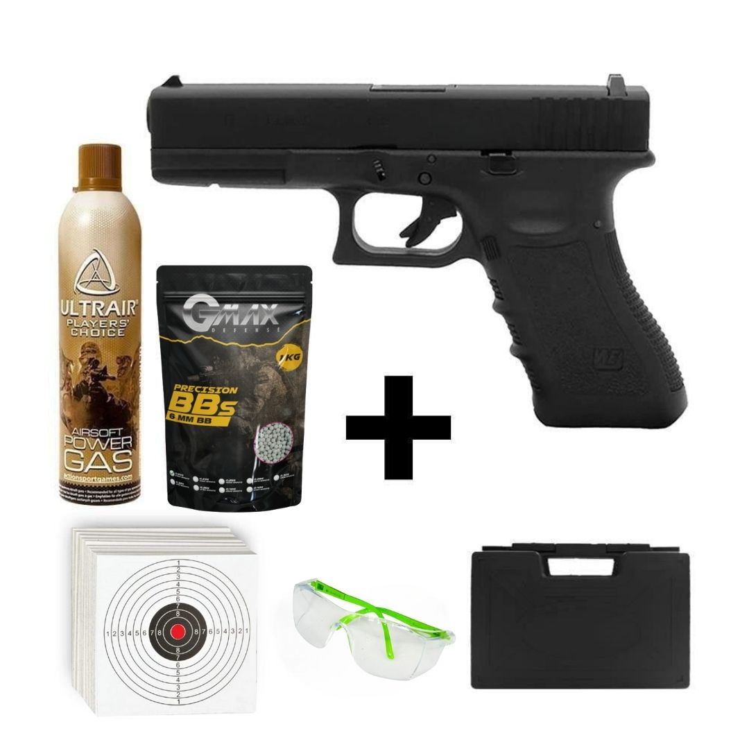 We Glock 17 Gen3 Siyah + Green Gas + 0.20gr BB + Taşıma Çantası + Atış Gözlüğü