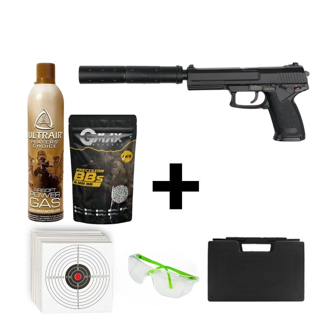 Asg MK23 Susturuculu + Green Gas + 1 Kg BB + Taşıma Çantası + Hedef Kağıdı + Atış Gözlüğü