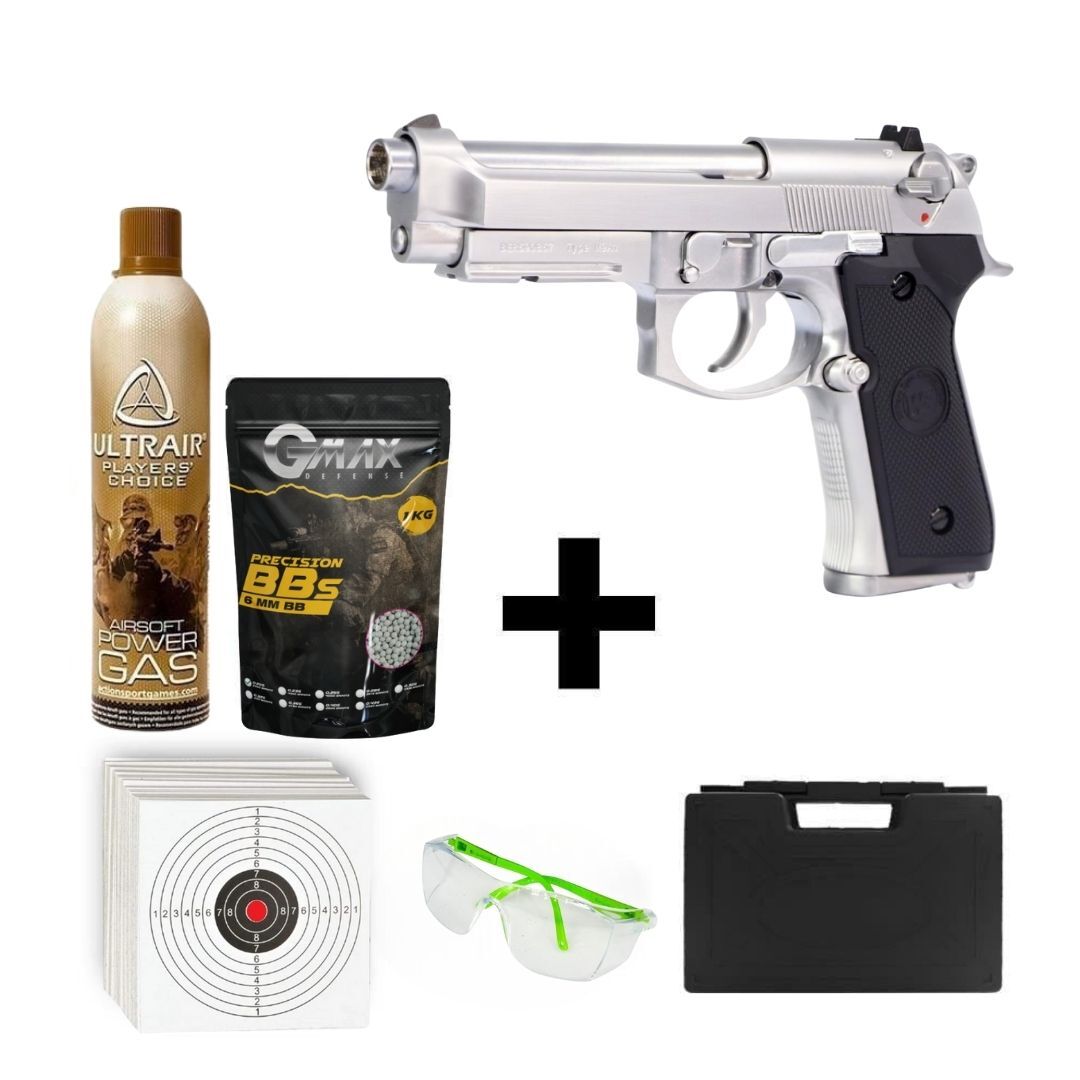 We Beretta M9A1 Rail Silver  + Green Gas + 1 Kg BB + Taşıma Çantası + Atış Gözlüğü