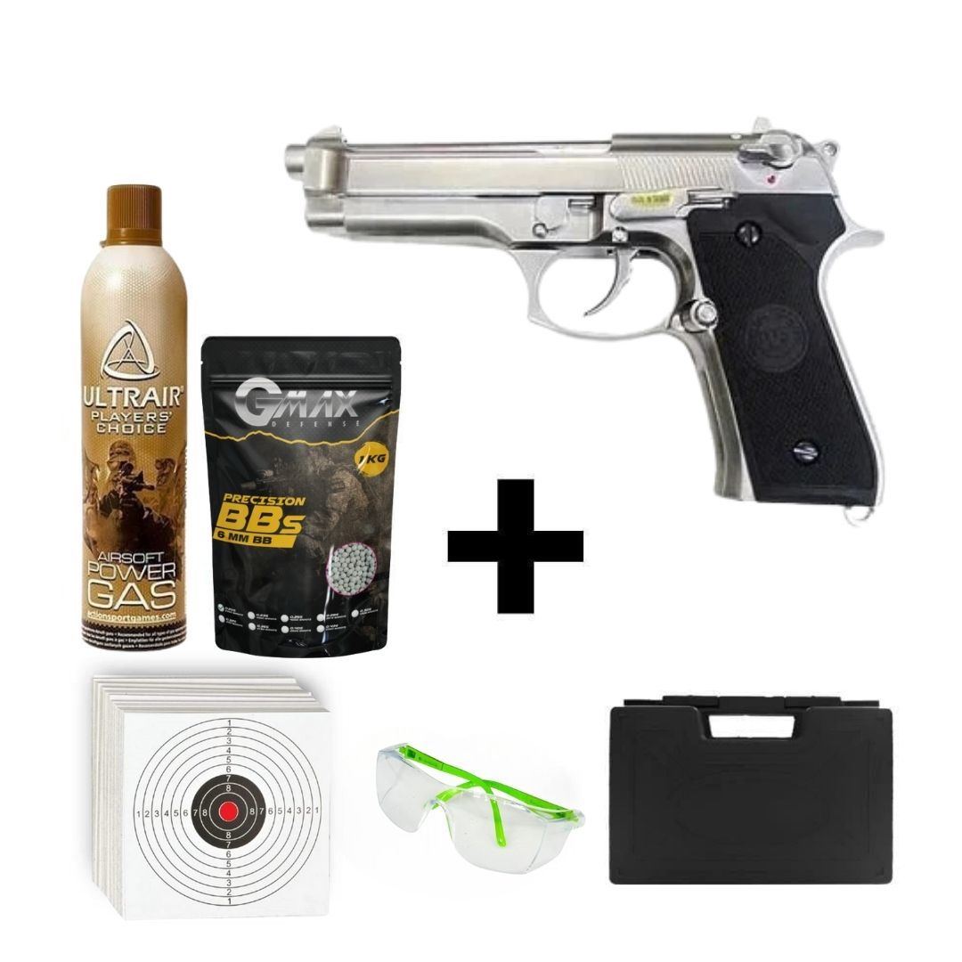 We M92F Silver + Green Gas + 0.20gr BB + Taşıma Çantası + Atış Gözlüğü