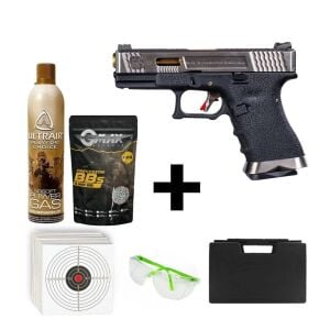 We Glock 19 T1 Silver + Green Gas + 1 Kg BB + Taşıma Çantası + Hedef Kağıdı + Atış Gözlüğü