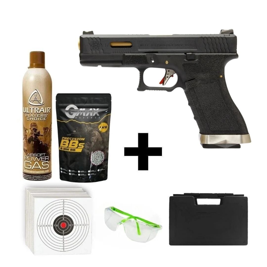We Glock 17 G17 T1 + Green Gas + 1 Kg BB + Taşıma Çantası + Hedef Kağıdı + Atış Gözlüğü