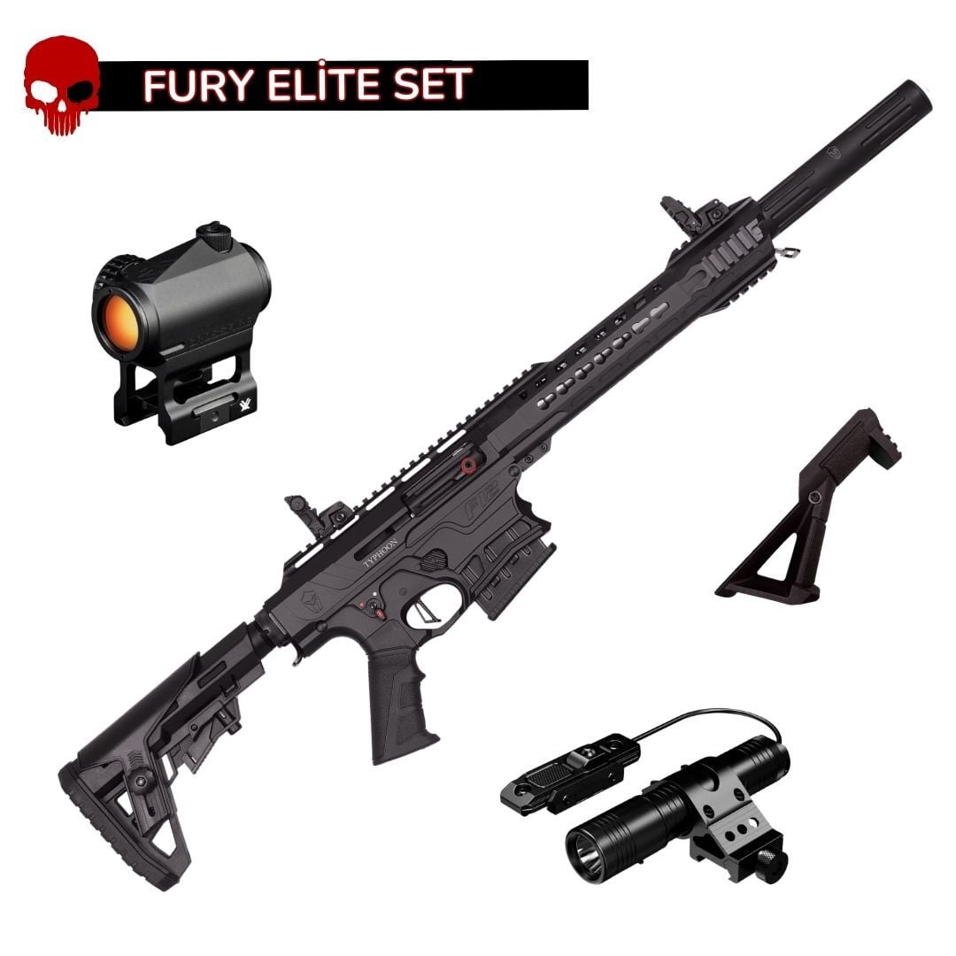 Typhoon F12 Siyah Elite Set - Vortex Crossfire Red Dot + Yarım Tutamak + Skywoods 1200 Lümen Tüfek Feneri