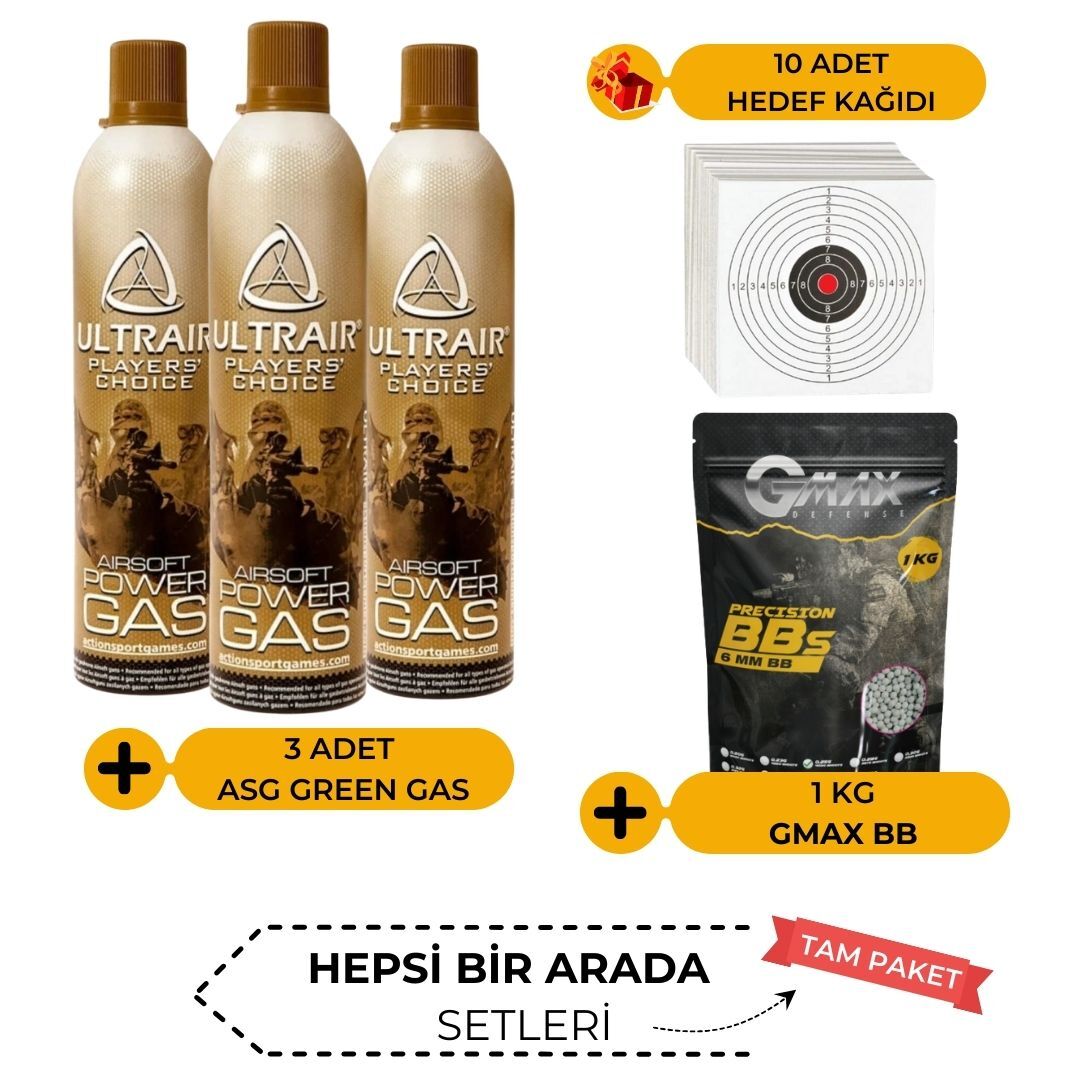 3 Adet Asg Green Gas + 1KG 6mm Airsoft BB Set Hedef Kağıdı Hediyeli