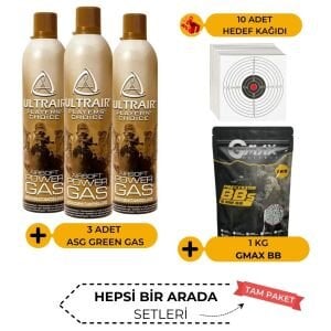 3 Adet Asg Green Gas + 1KG 6mm Airsoft BB Set Hedef Kağıdı Hediyeli