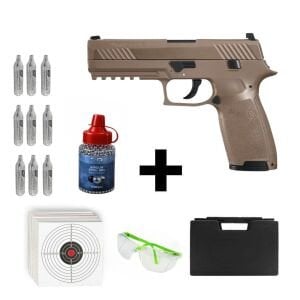 Sig Sauer P320 Tan + Co2 Gas + 1500 Adet Çelik Bilye + Taşıma Çantası + Atış Gözlüğü