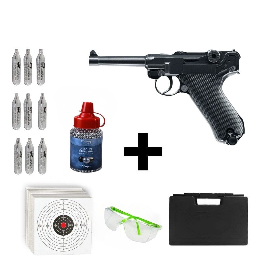 KWC Luger P08 Blowback + Co2 Gas + 1500 Adet Çelik Bilye + Taşıma Çantası + Atış Gözlüğü
