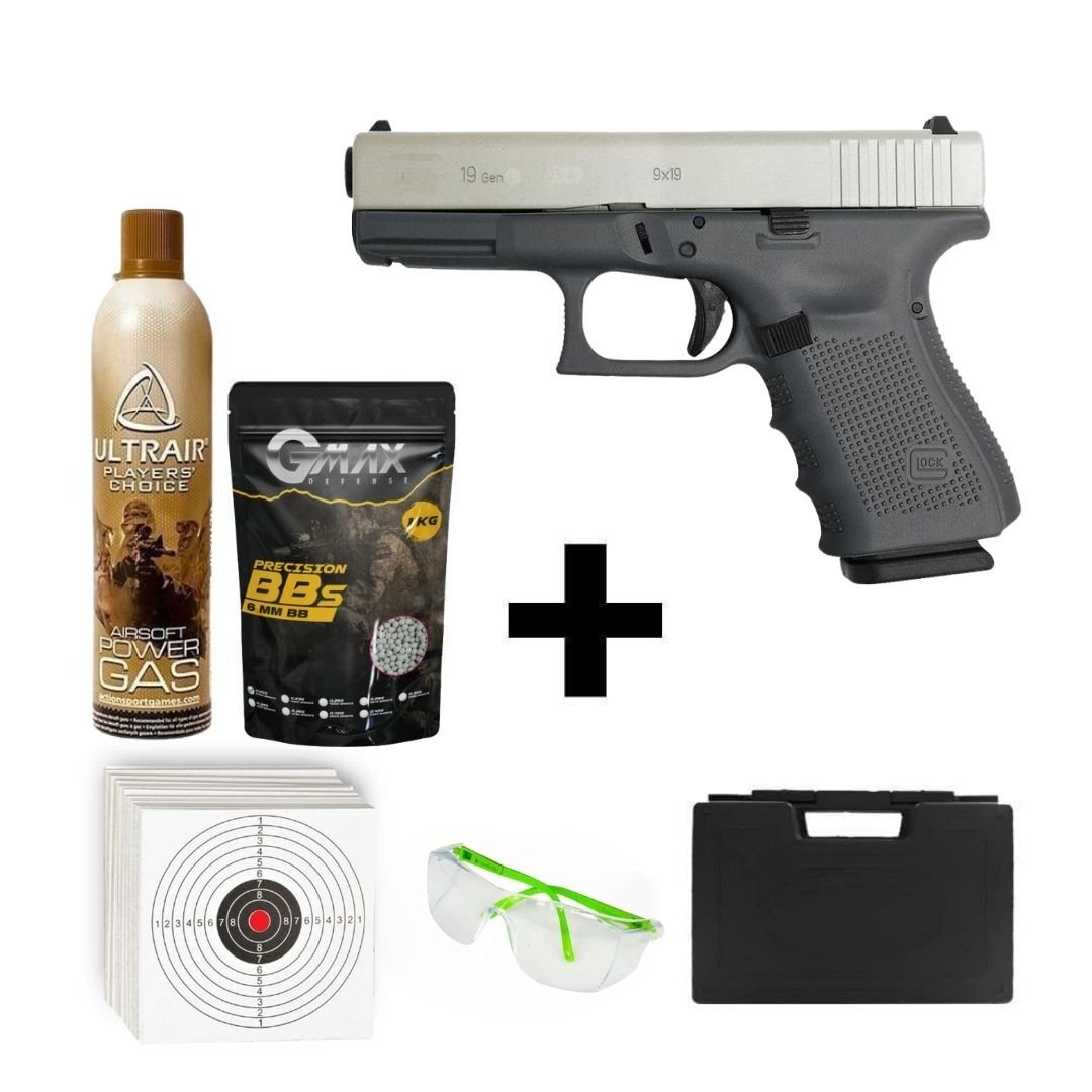 We Glock 19 Gen3 Silver + Green Gas + 1 Kg BB + Taşıma Çantası + Hedef Kağıdı + Atış Gözlüğü