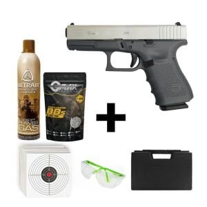We Glock 19 Gen3 Silver + Green Gas + 1 Kg BB + Taşıma Çantası + Hedef Kağıdı + Atış Gözlüğü