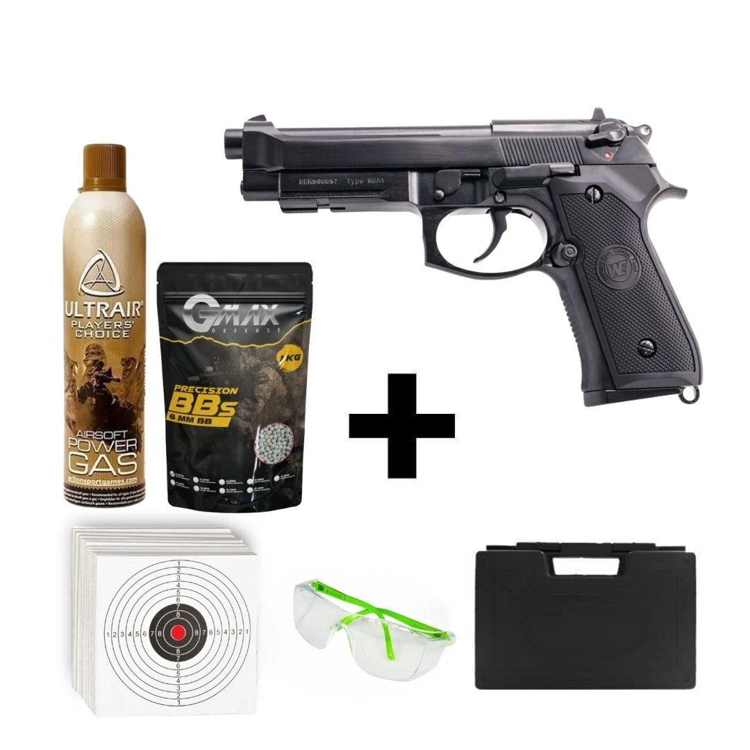 We Beretta M9A1 Siyah + Green Gas + 1 Kg BB + Taşıma Çantası + Hedef Kağıdı + Atış Gözlüğü