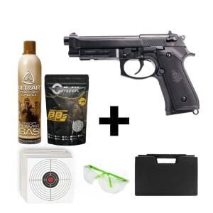We Beretta M9A1 Siyah + Green Gas + 1 Kg BB + Taşıma Çantası + Hedef Kağıdı + Atış Gözlüğü