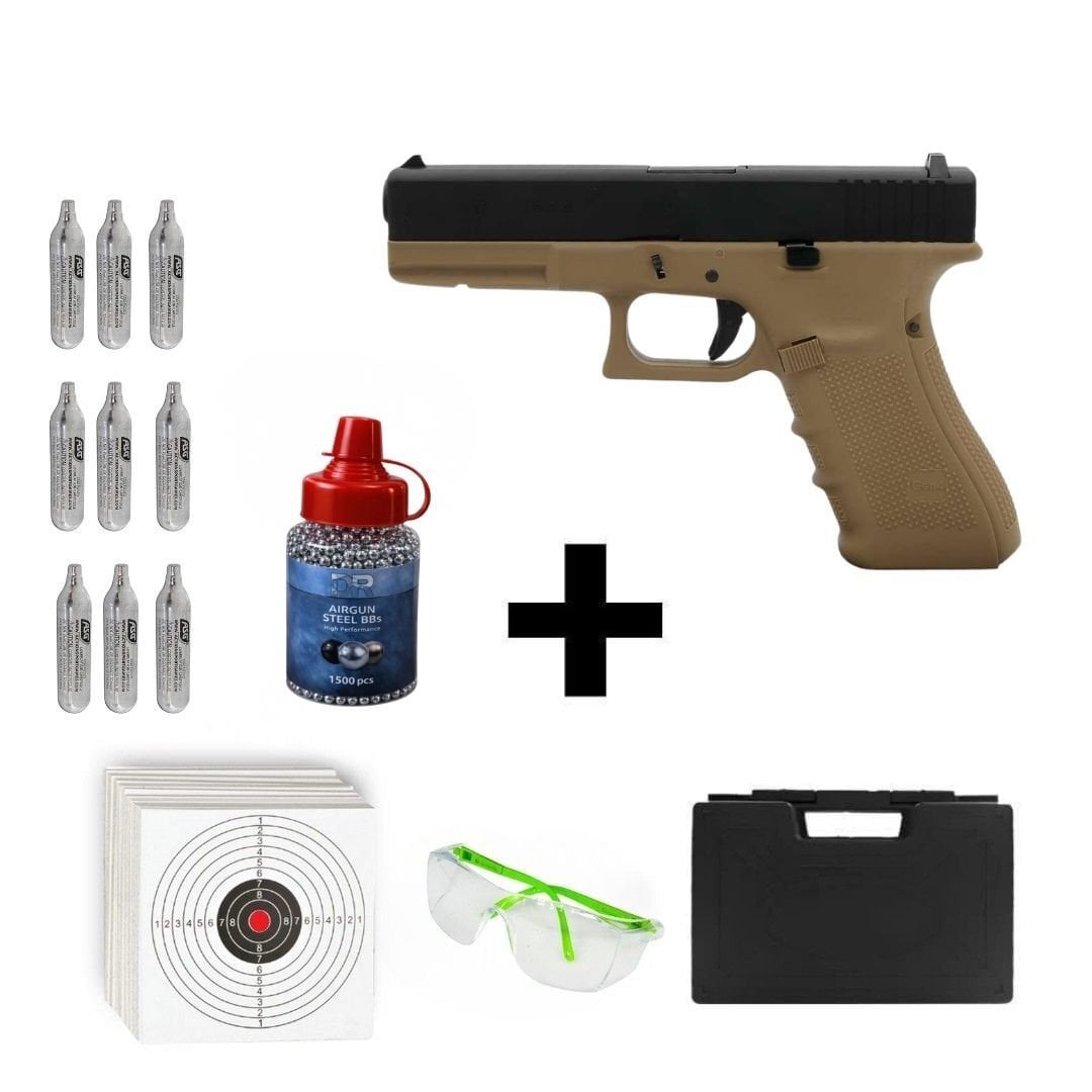 We Glock 17 Gen4 Tan + Co2 Gas + 1500 Adet Çelik Bilye + Taşıma Çantası + Atış Gözlüğü