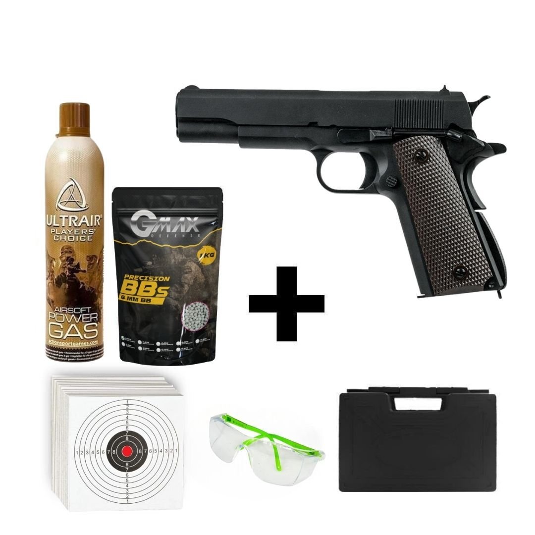 We Colt 1911 Gen2 Siyah + Green Gas + 1 Kg BB + Taşıma Çantası + Hedef Kağıdı + Atış Gözlüğü