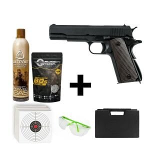 We Colt 1911 Gen2 Siyah + Green Gas + 1 Kg BB + Taşıma Çantası + Hedef Kağıdı + Atış Gözlüğü