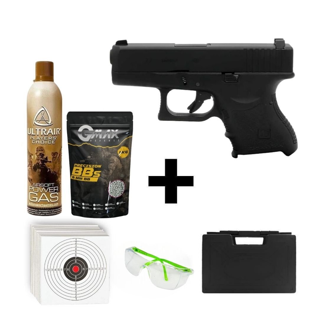 We Glock 27 Gen3 Siyah + Green Gas + 1 Kg BB + Taşıma Çantası + Hedef Kağıdı + Atış Gözlüğü