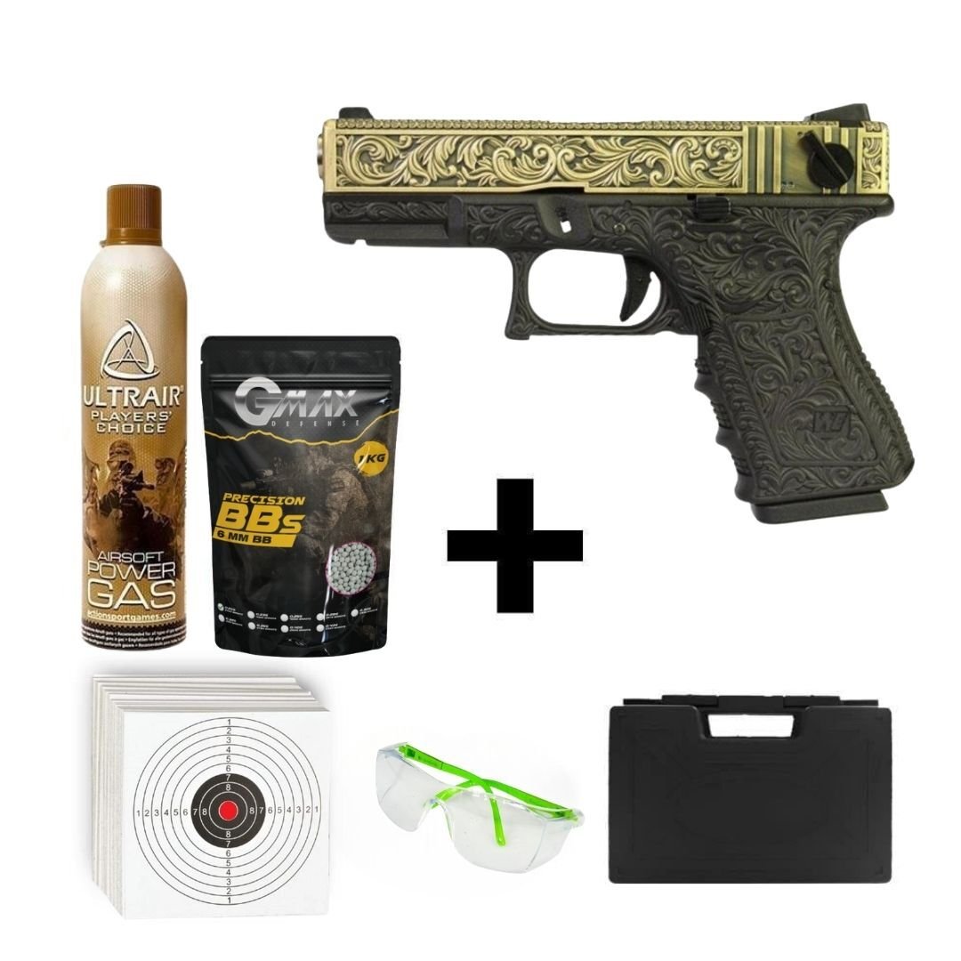 We Glock 23 Ivory Gravürlü + Green Gas + 1 Kg BB + Taşıma Çantası + Hedef Kağıdı + Atış Gözlüğü