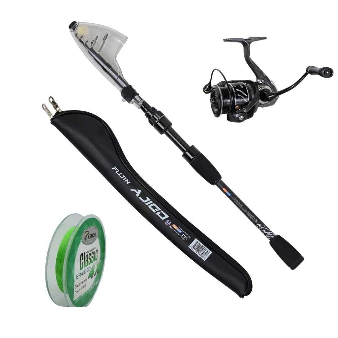 Fujin Ajigo 195cm 05-5gr Teleskopik LRF Kamışı + RYUJI VOLTAGE 800 5+1 LRF Olta Makinesi + Kendo 4x İp Misina