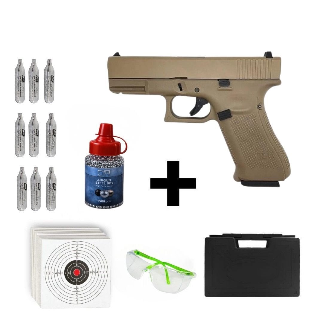We Glock 19 Gen5 Tan + Co2 Gas + 1500 Adet Çelik Bilye + Taşıma Çantası + Atış Gözlüğü