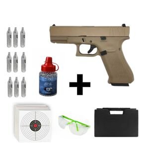 We Glock 19 Gen5 Tan + Co2 Gas + 1500 Adet Çelik Bilye + Taşıma Çantası + Atış Gözlüğü